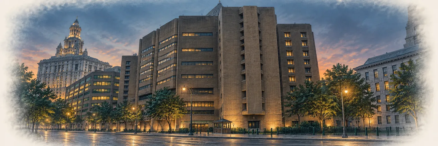 Architectural illustration of Metropolitan Correctional Center New York at dusk